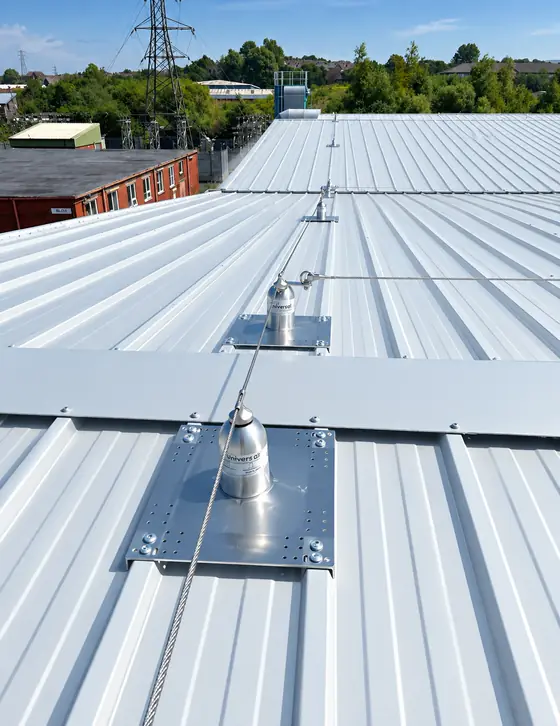 Fall restraint anchor points and safety line installed on a commercial metal roof